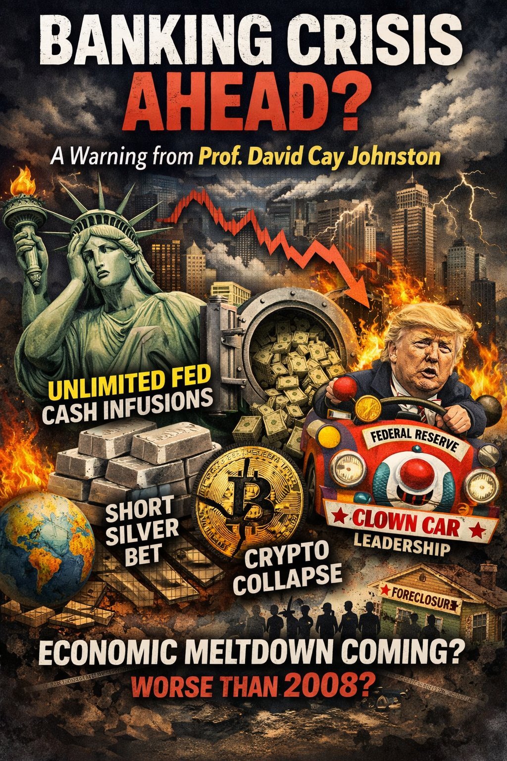 Banking Crisis Ahead? A Warning from Prof. David Cay Johnston - showing unlimited Fed cash infusions, silver short bets, crypto collapse, and clown car leadership