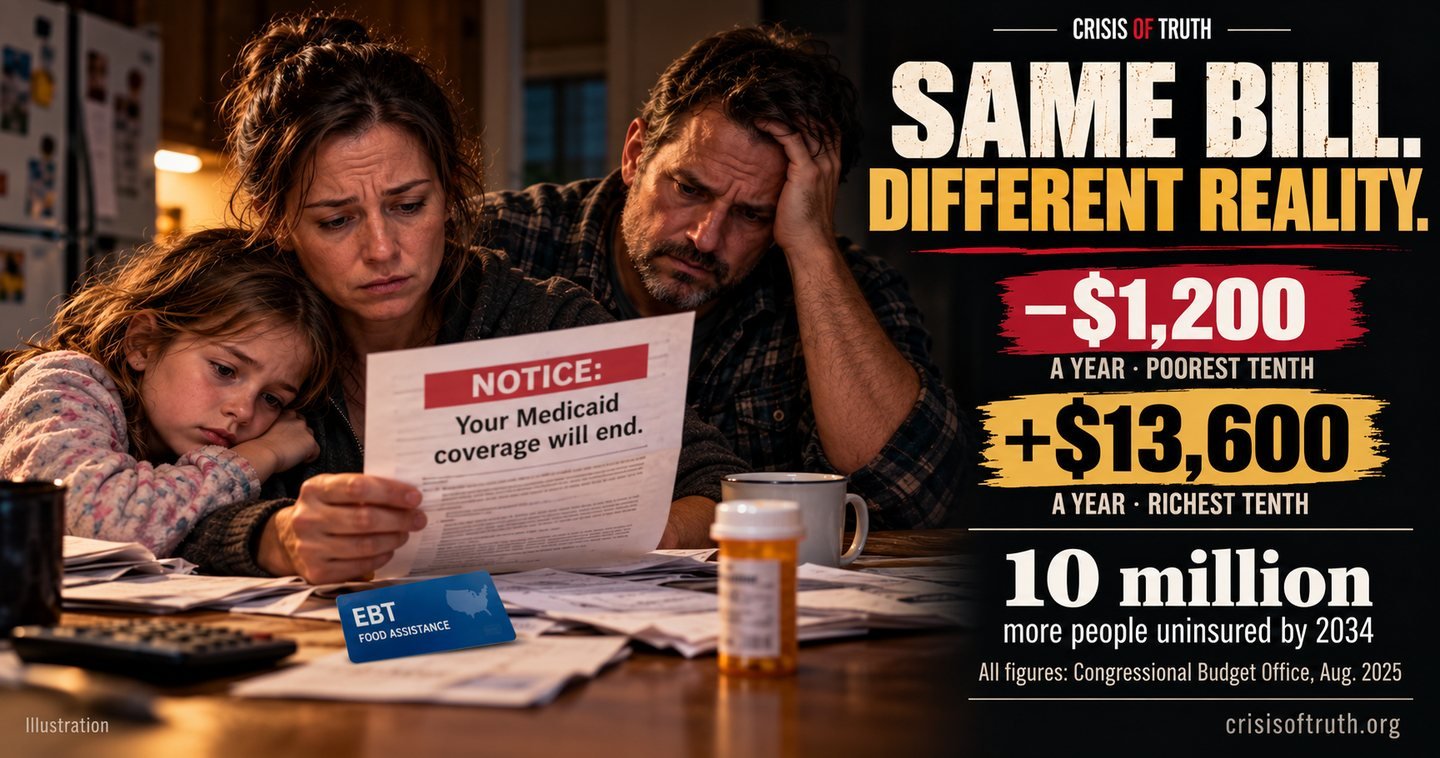 Illustration: a worried mother, father, and young daughter at a kitchen table at night. The mother reads a letter headed Notice: Your Medicaid coverage will end. An EBT food-assistance card and a pill bottle sit on the table. Text: Same bill. Different reality. Minus 1,200 dollars a year for the poorest tenth, plus 13,600 dollars a year for the richest tenth, 10 million more people uninsured by 2034. All figures: Congressional Budget Office, August 2025.