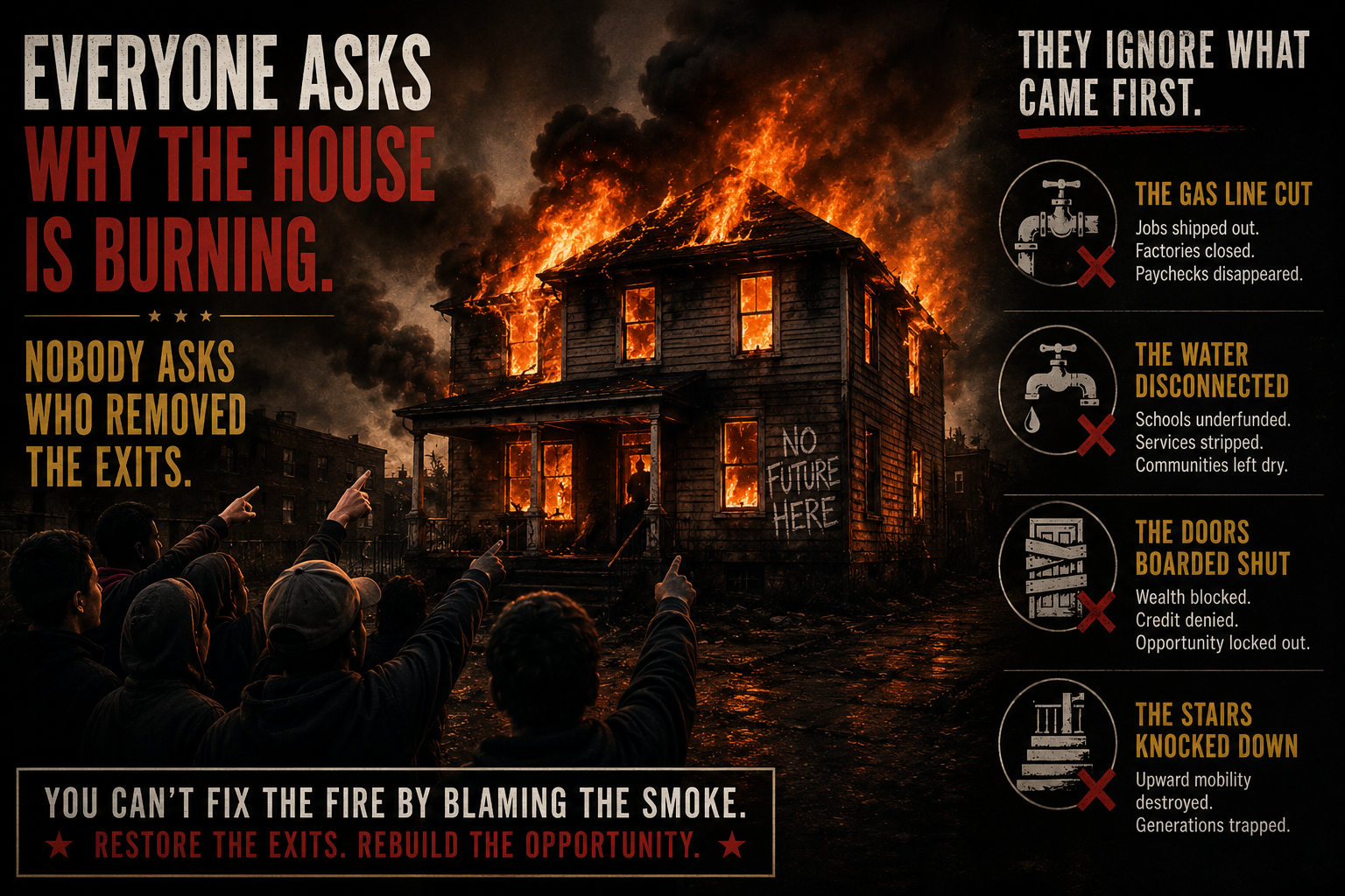 Everyone asks why the house is burning. Nobody asks who removed the exits.