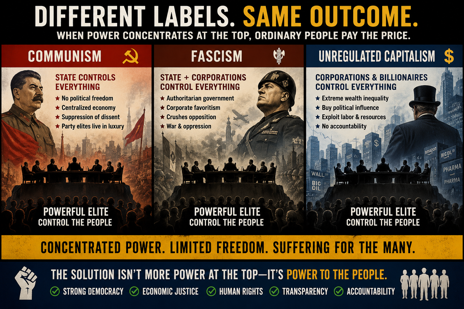 Different Labels, Same Outcome — When power concentrates at the top, ordinary people pay the price