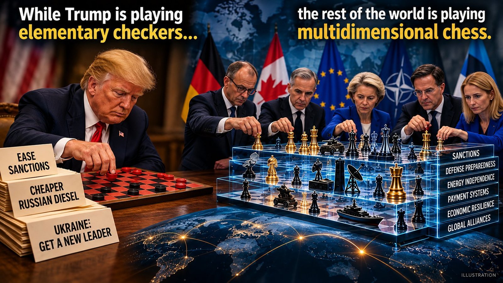 Illustration: Trump plays checkers beside cards reading Ease Sanctions, Cheaper Russian Diesel, and Ukraine: Get a New Leader, while allied leaders play a six-layer chess board labeled Sanctions, Defense Preparedness, Energy Independence, Payment Systems, Economic Resilience, and Global Alliances.