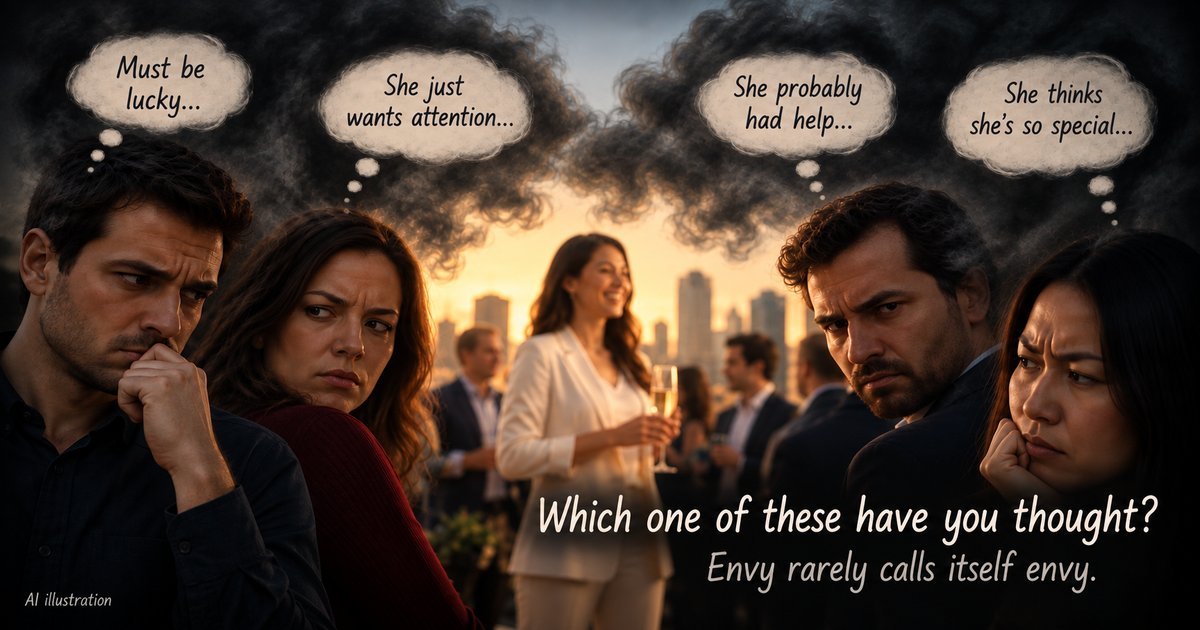 AI illustration: four people at a rooftop party glance at a smiling woman, with thought bubbles reading Must be lucky, She just wants attention, She probably had help, and She thinks she's so special. Caption: Which one of these have you thought? Envy rarely calls itself envy.