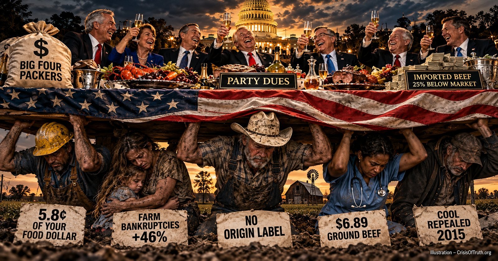 Illustration: smiling officials toast at a banquet table draped in an American flag in front of the Capitol, with placards reading Big Four Packers, Party Dues and Imported Beef 25% Below Market. Beneath the table a rancher, a worker, a nurse, a mother and child hold it up on their shoulders above signs reading 5.8 cents of your food dollar, farm bankruptcies up 46%, no origin label, $6.89 ground beef, and COOL repealed 2015.