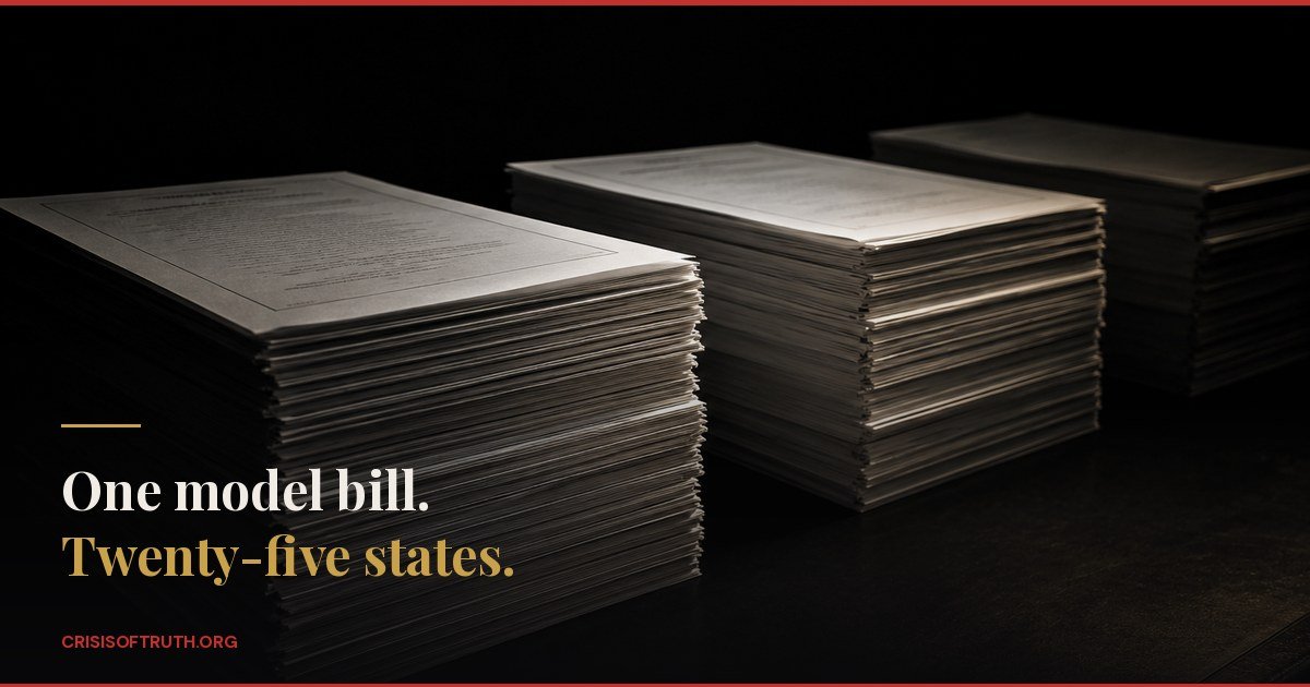 Three identical stacks of printed legal documents on a dark table, receding into shadow.