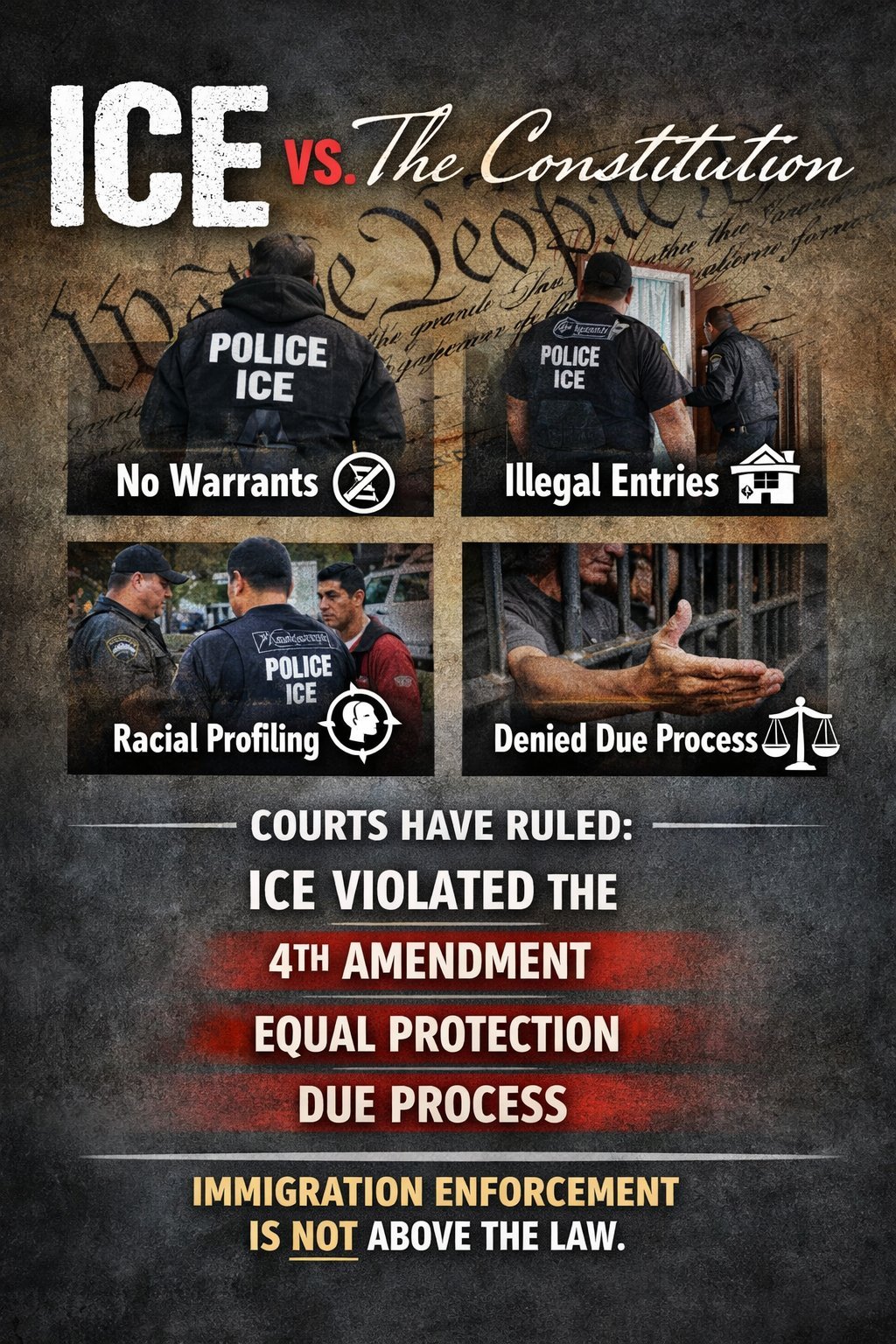 ICE vs. The Constitution - No Warrants, Illegal Entries, Racial Profiling, Denied Due Process. Courts have ruled: ICE violated the 4th Amendment, Equal Protection, Due Process. Immigration enforcement is NOT above the law.