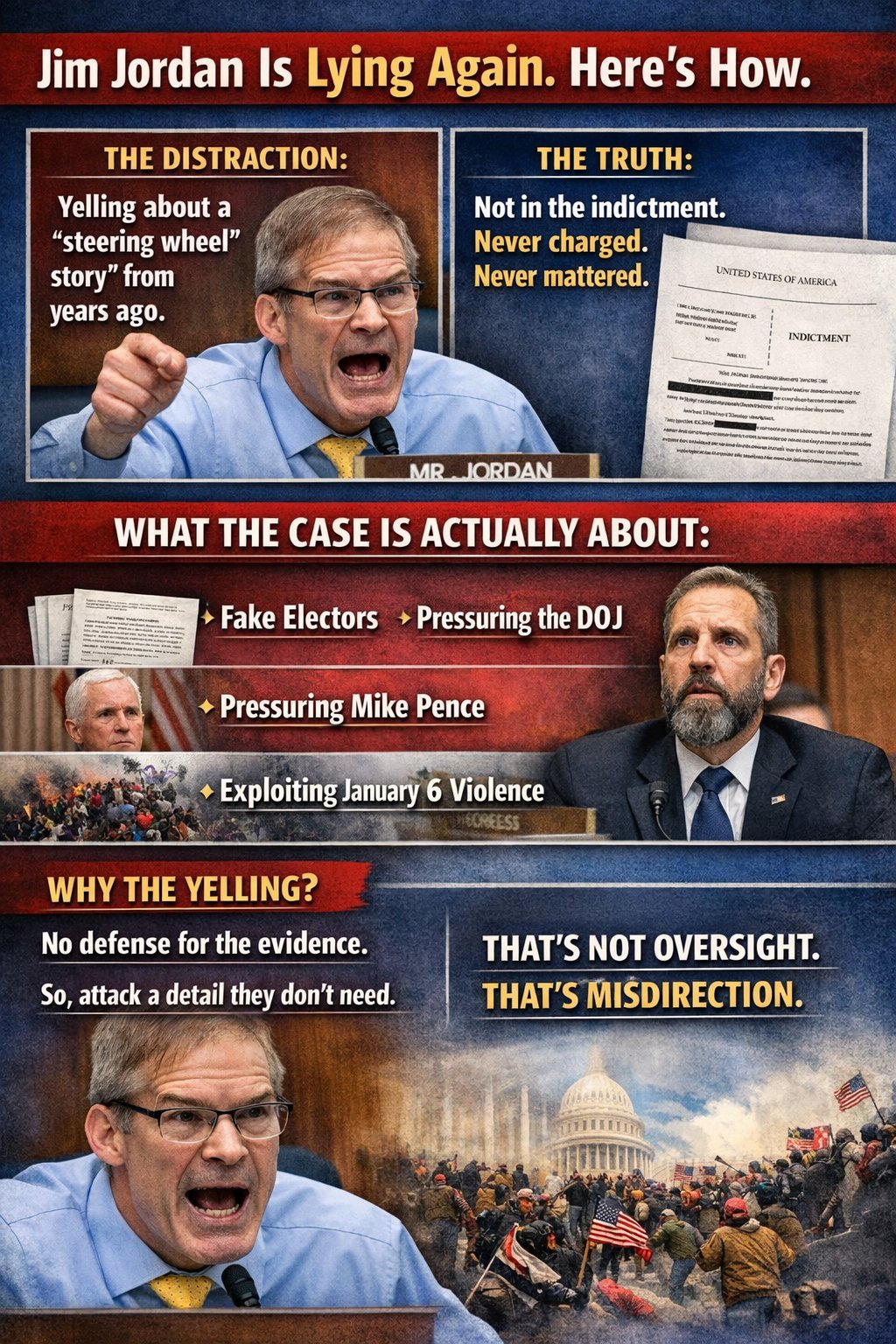 Jim Jordan Is Lying Again - The distraction: yelling about a steering wheel story from years ago. What the case is actually about: fake electors, pressuring the DOJ, pressuring Mike Pence, exploiting January 6 violence.