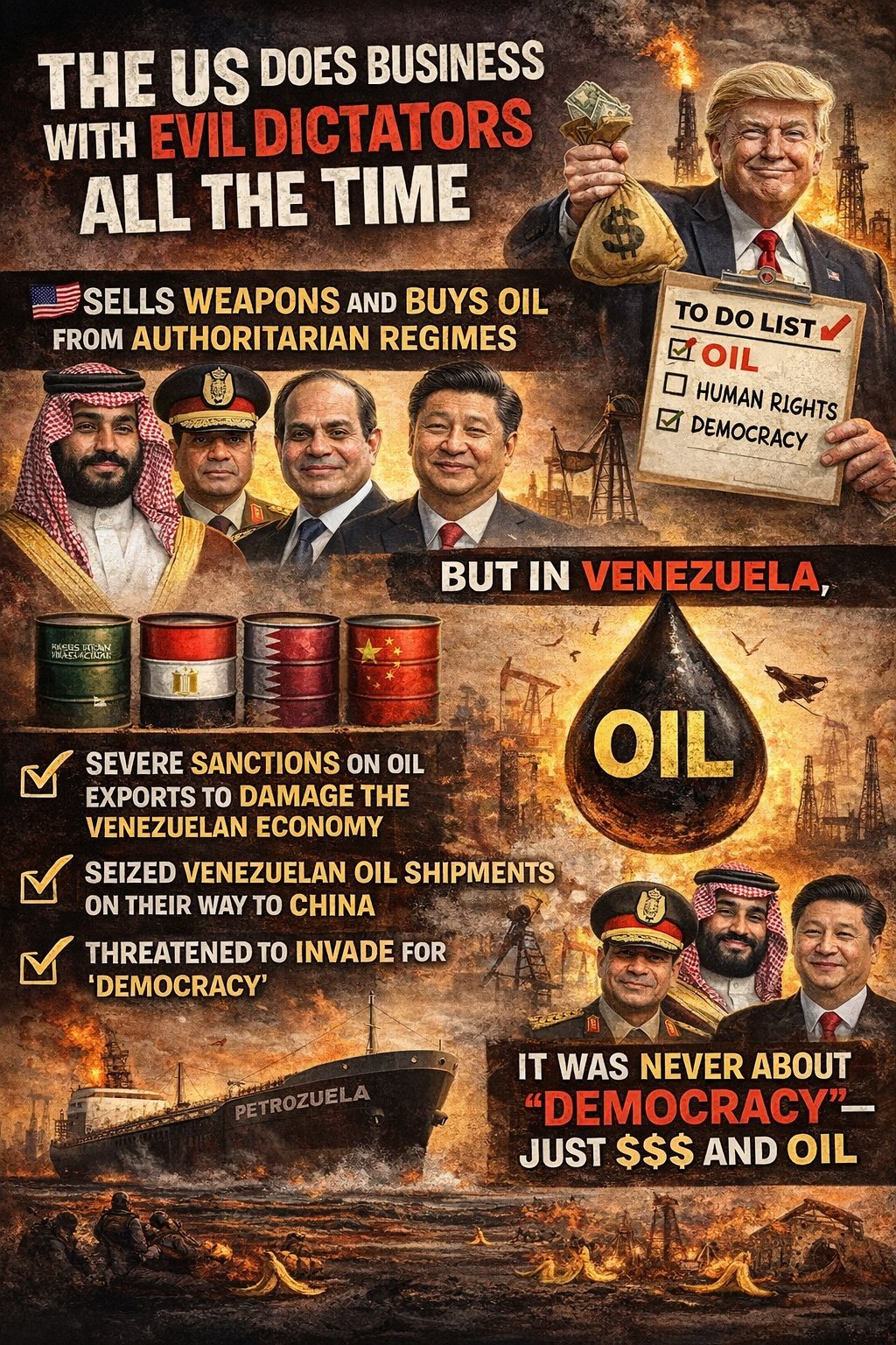 The US Does Business with Evil Dictators All the Time - Sells weapons and buys oil from authoritarian regimes. But in Venezuela: severe sanctions, seized oil shipments, threatened to invade for 'democracy.' It was never about democracy - just $$$ and oil.