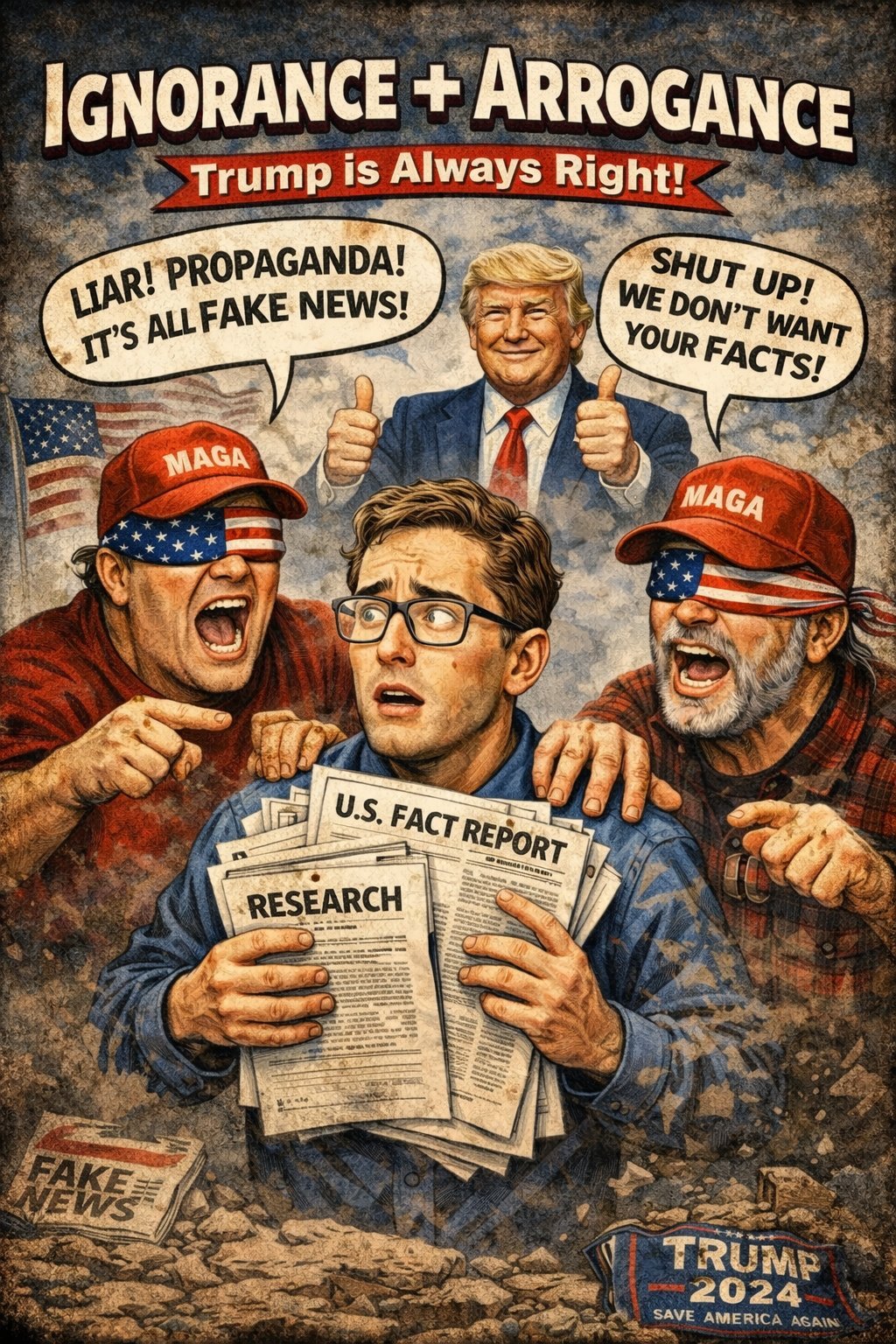 Ignorance + Arrogance - Trump is Always Right - MAGA supporters attacking researcher with facts: Liar! Propaganda! It's all fake news! Shut up! We don't want your facts!