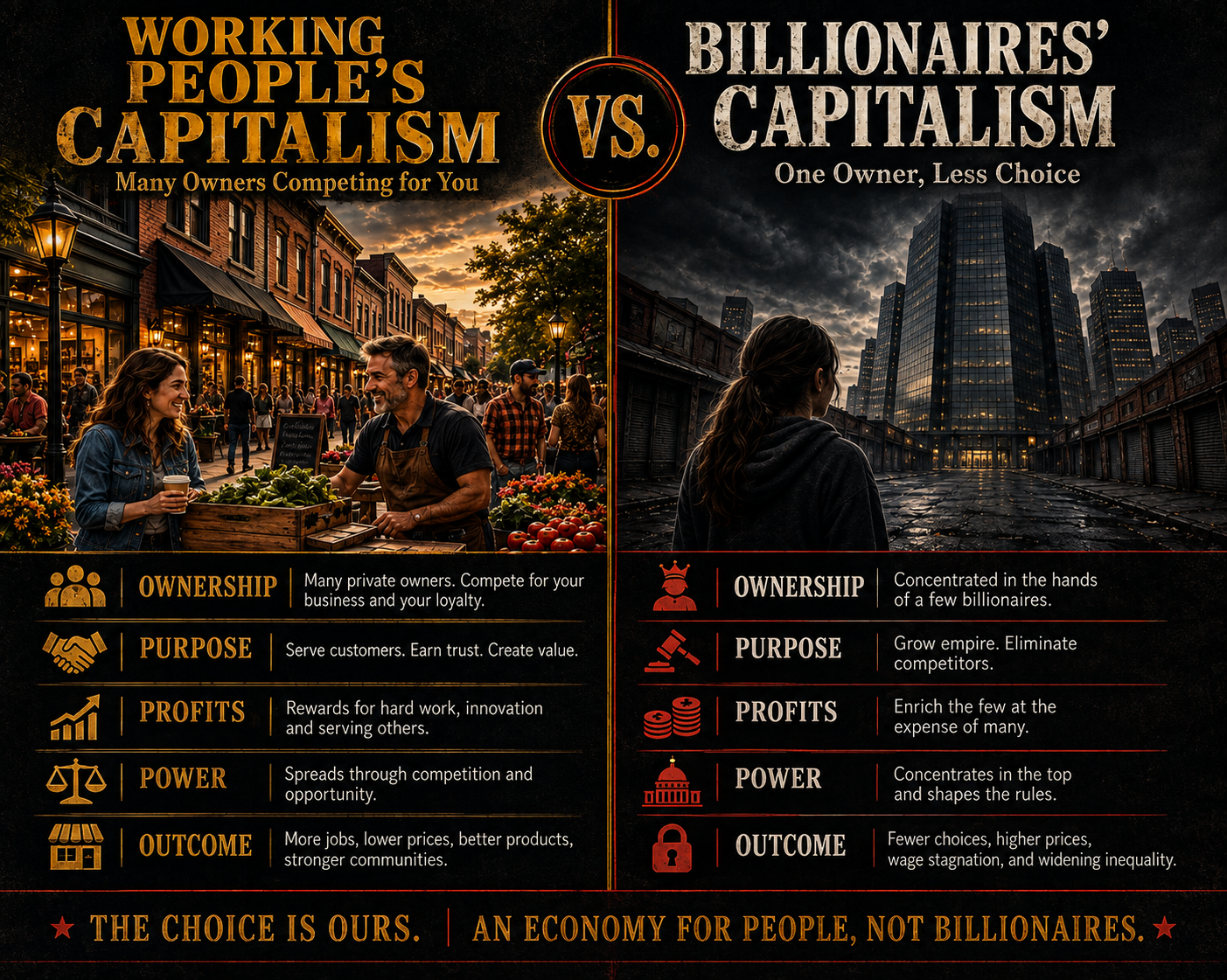 Comparison graphic: Working People's Capitalism (many owners competing for you) vs. Billionaires' Capitalism (one owner, less choice) — ownership, purpose, profits, power, and outcome compared side by side.