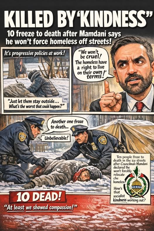 Propaganda comic blaming a politician for homeless deaths