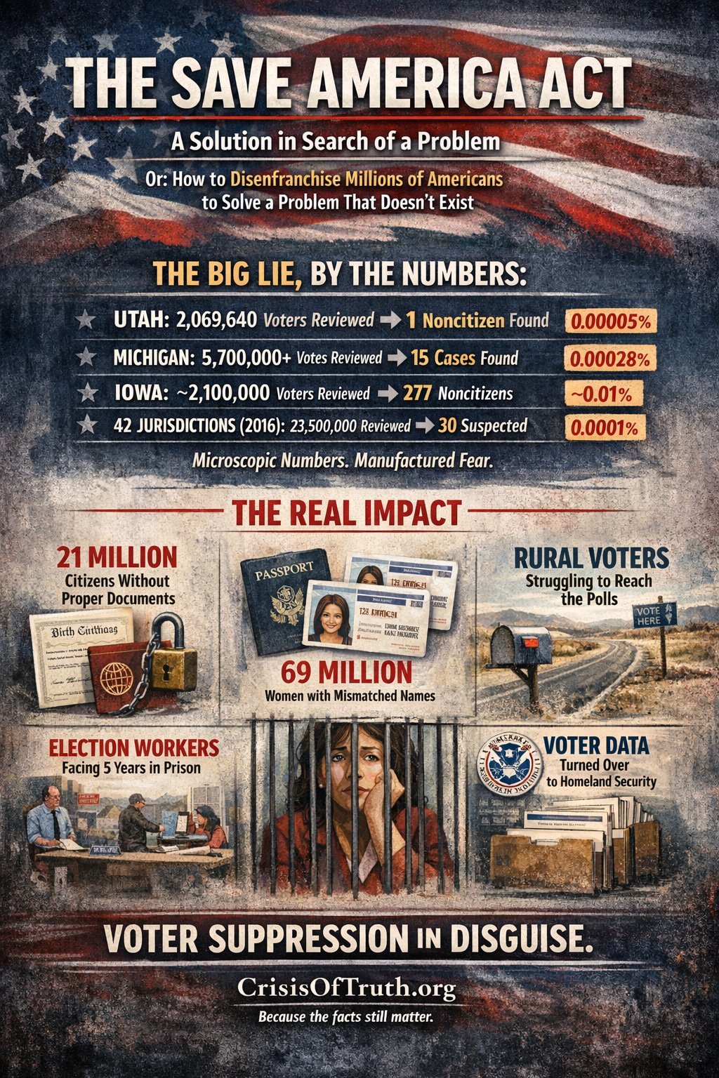 The SAVE America Act Infographic: Utah reviewed 2,069,640 voters and found 1 noncitizen who never voted (0.00005%). Michigan reviewed 5.7 million votes and found 15 cases (0.00028%). 21 million citizens lack proper documents. 69 million women have mismatched names. Voter Suppression in Disguise. CrisisOfTruth.org