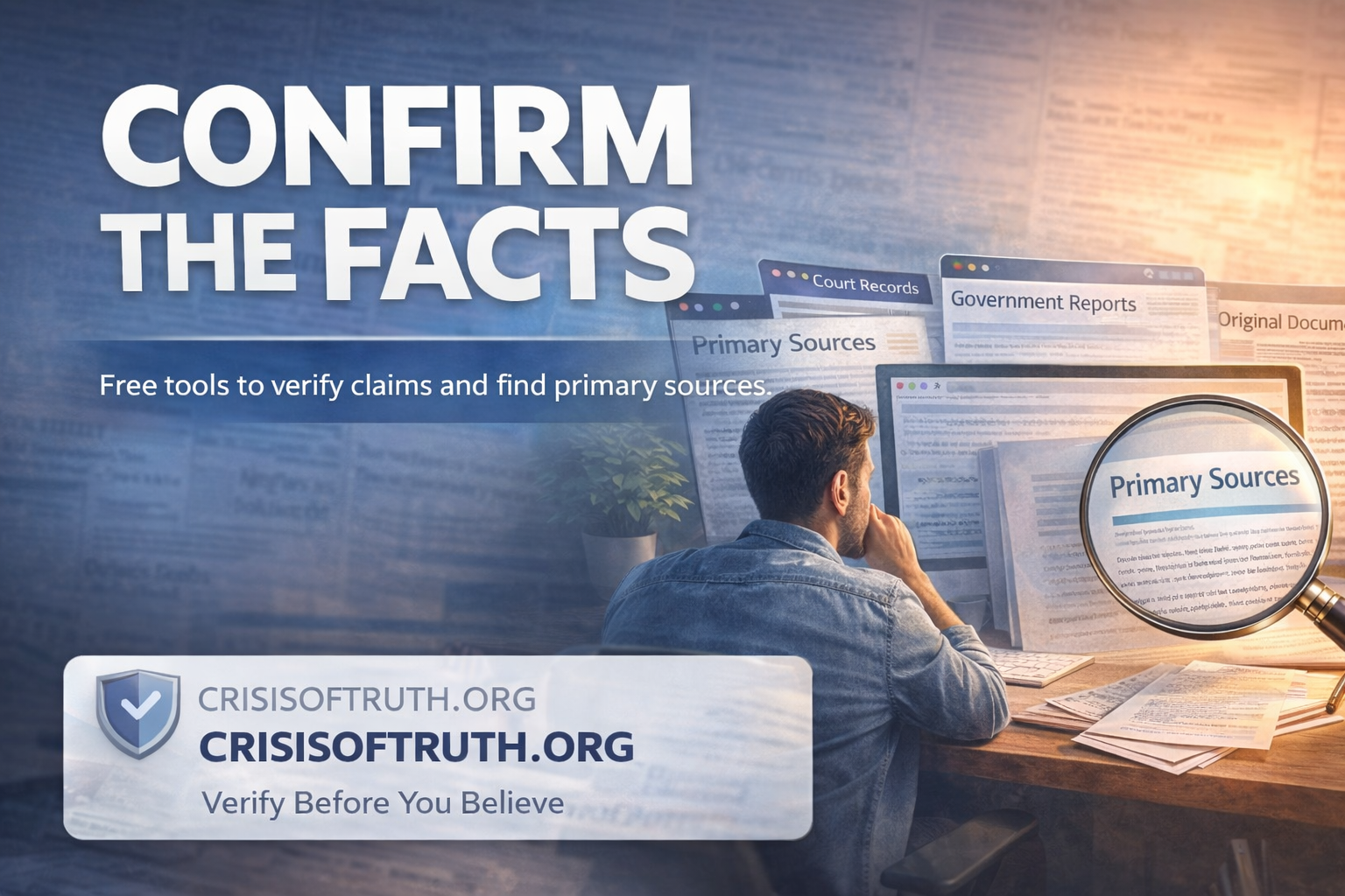 Confirm The Facts — A researcher examining primary sources, court records, and government reports